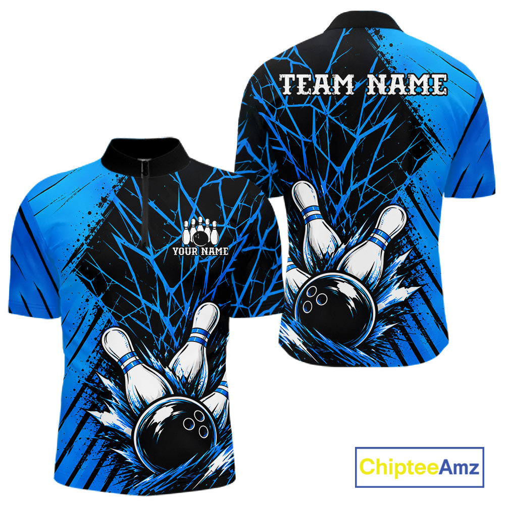 Blue Bowling Shirt Personalized Men Bowling Team Jersey Bowling Polo & 1/4 Zip Shirts NBT1135