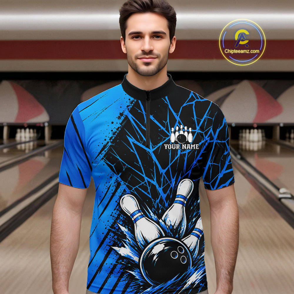 Blue Bowling Shirt Personalized Men Bowling Team Jersey Bowling Polo & 1/4 Zip Shirts NBT1135