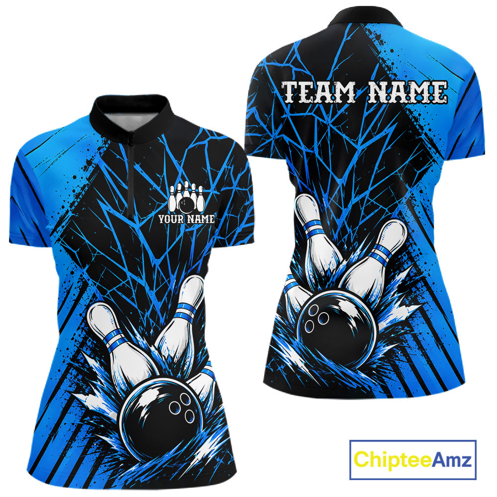 Blue Bowling Shirt Personalized Women Bowling Team Jersey Bowling Polo & 1/4 Zip Shirts NBT1135