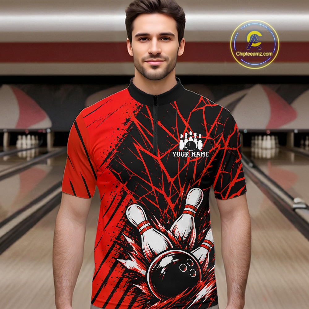 Red Bowling Shirt Personalized Men Bowling Team Jersey Bowling Polo & 1/4 Zip Shirts NBT1136