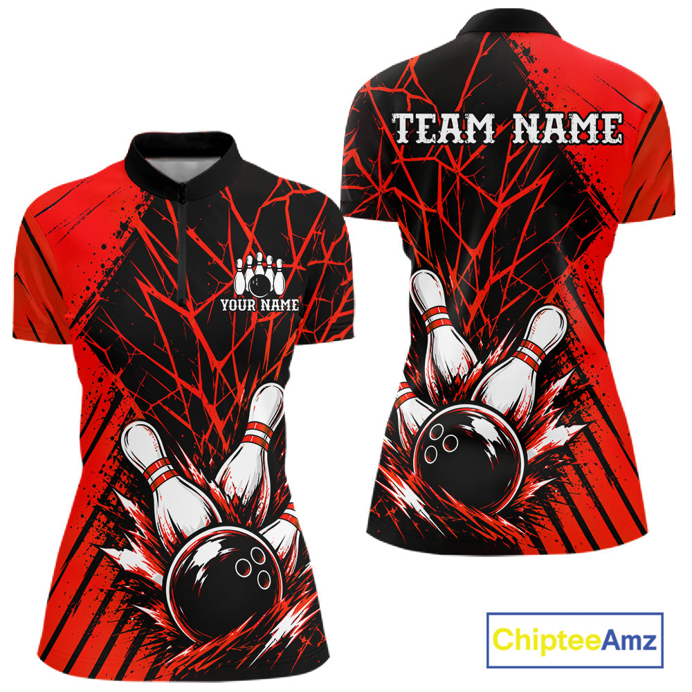Red Bowling Shirt Personalized Women Bowling Team Jersey Bowling Polo & 1/4 Zip Shirts NBT1136