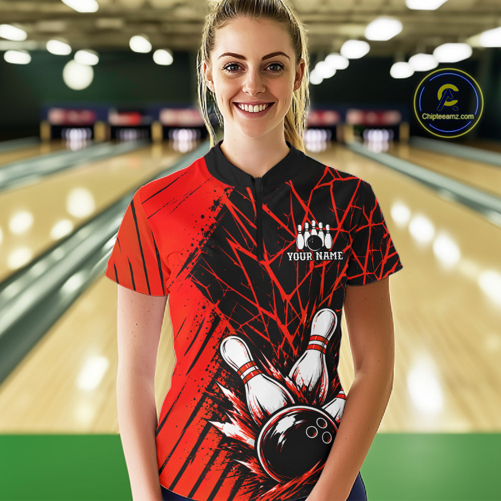 Red Bowling Shirt Personalized Women Bowling Team Jersey Bowling Polo & 1/4 Zip Shirts NBT1136