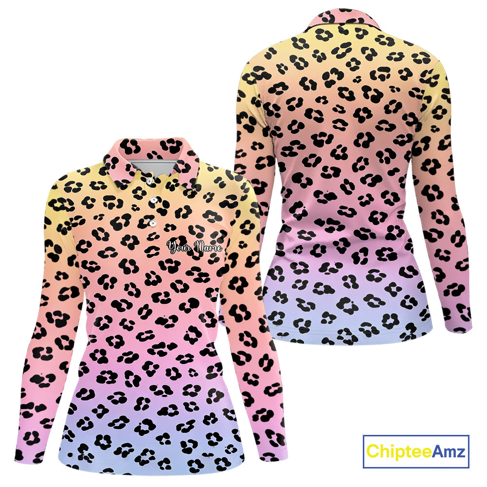 Womens Golf Polo Shirts Custom Colorful Neon Gradient Leopard Pattern Team Womens Golf Top, Golf Gifts NBT493