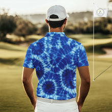 Load image into Gallery viewer, Mens Golf Polo Shirts Blue Tie Dye Background Custom Name Golf Shirt, Golf Gifts NBT569