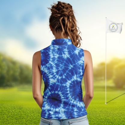 Womens Sleeveless Golf Polo Shirts Blue Tie Dye Background Custom Name Golf Shirt, Golf Gifts NBT569
