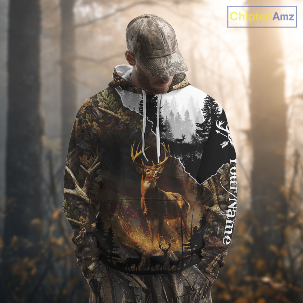 Whitetail Deer Hunting US Flag Camouflage Custom 3D Shirts, Personalized Deer Hunting Shirt NBT196