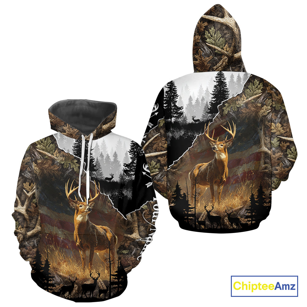 Whitetail Deer Hunting US Flag Camouflage Custom 3D Shirts, Personalized Deer Hunting Shirt NBT196