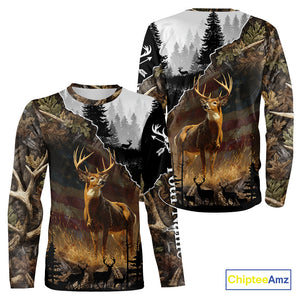 Whitetail Deer Hunting US Flag Camouflage Custom 3D Shirts, Personalized Deer Hunting Shirt NBT196