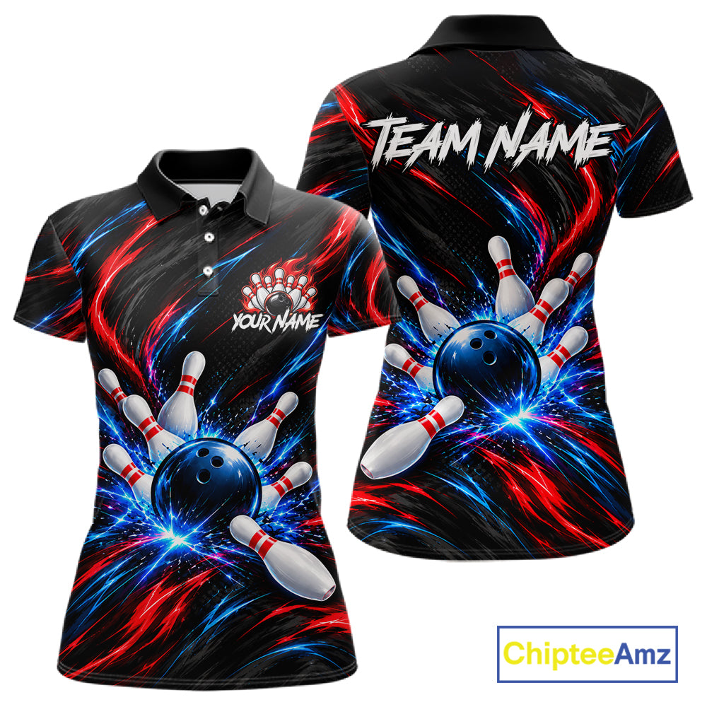 Black Red And Blue Custom Patriotic Bowling Polo 1/4 Zip Shirts For Women, US Bowling Team Shirts NBT1140