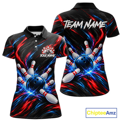 Black Red And Blue Custom Patriotic Bowling Polo 1/4 Zip Shirts For Women, US Bowling Team Shirts NBT1140