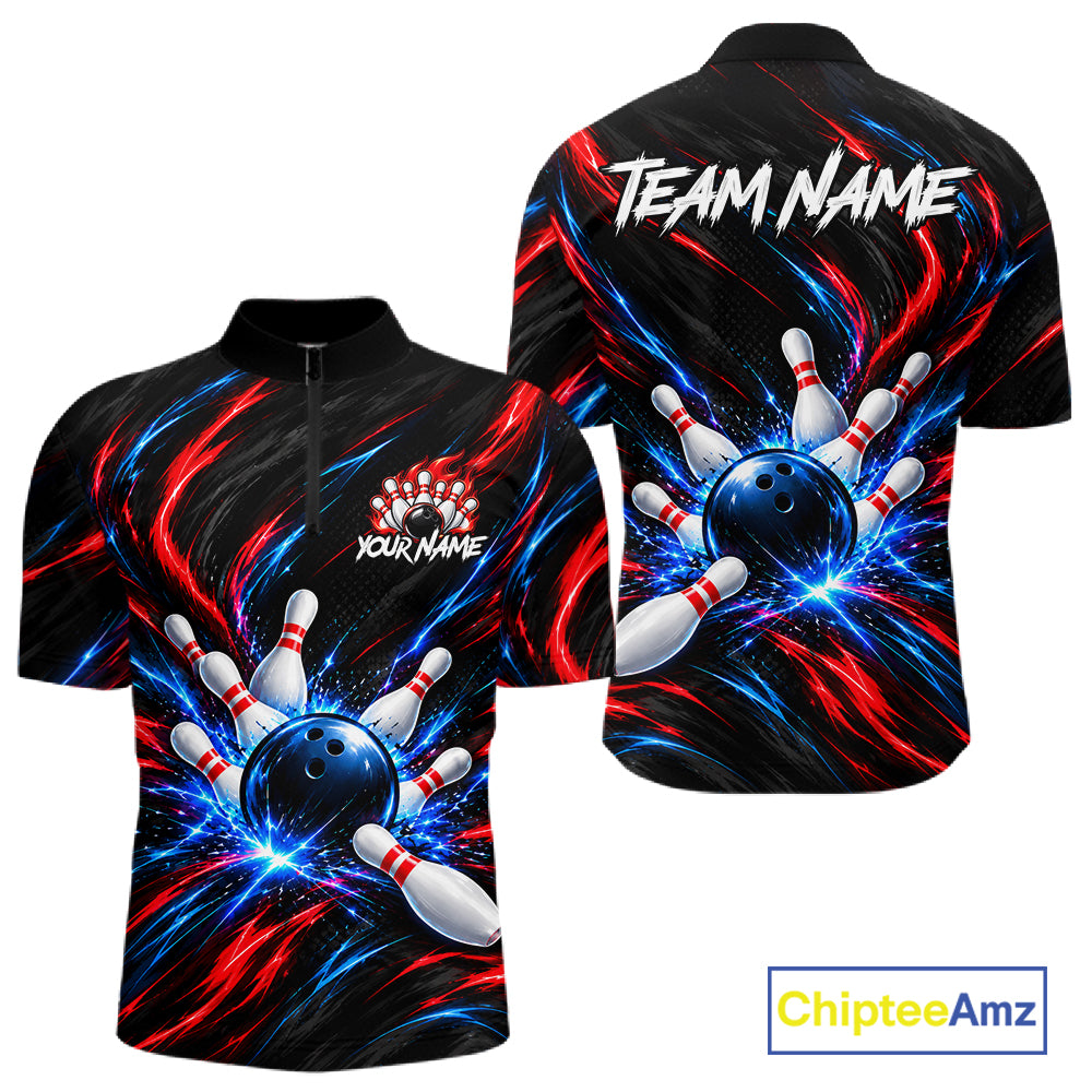 Black Red And Blue Custom Patriotic Bowling Polo 1/4 Zip Shirts For Men, US Bowling Team Shirts NBT1140