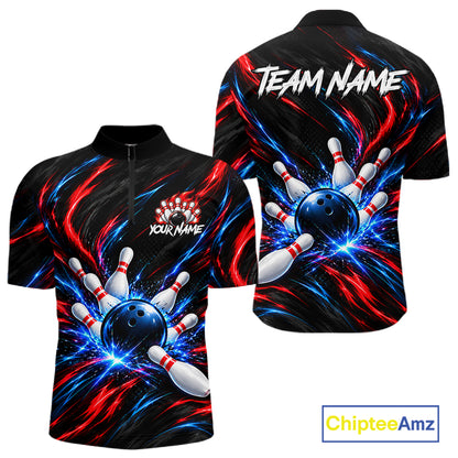 Black Red And Blue Custom Patriotic Bowling Polo 1/4 Zip Shirts For Men, US Bowling Team Shirts NBT1140