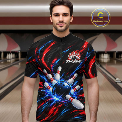 Black Red And Blue Custom Patriotic Bowling Polo 1/4 Zip Shirts For Men, US Bowling Team Shirts NBT1140