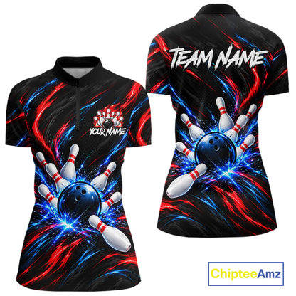 Black Red And Blue Custom Patriotic Bowling Polo 1/4 Zip Shirts For Women, US Bowling Team Shirts NBT1140
