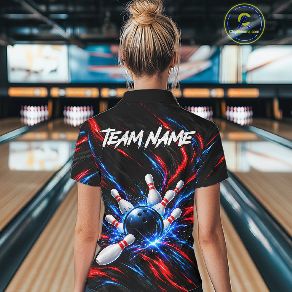 Black Red And Blue Custom Patriotic Bowling Polo 1/4 Zip Shirts For Women, US Bowling Team Shirts NBT1140