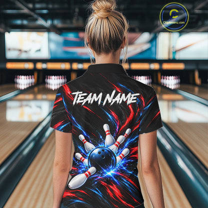 Black Red And Blue Custom Patriotic Bowling Polo 1/4 Zip Shirts For Women, US Bowling Team Shirts NBT1140