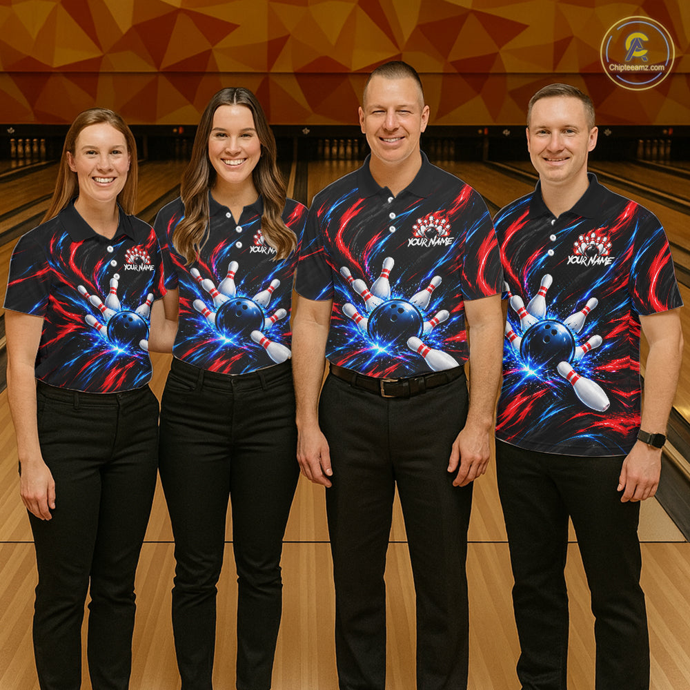 Black Red And Blue Custom Patriotic Bowling Polo 1/4 Zip Shirts For Men, US Bowling Team Shirts NBT1140
