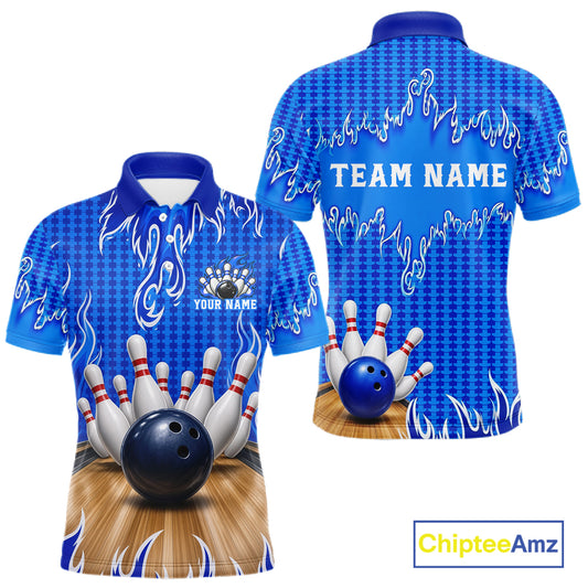 Personalized Blue Flame Bowling Shirts For Men, Custom Bowling Team Shirt NBT1142