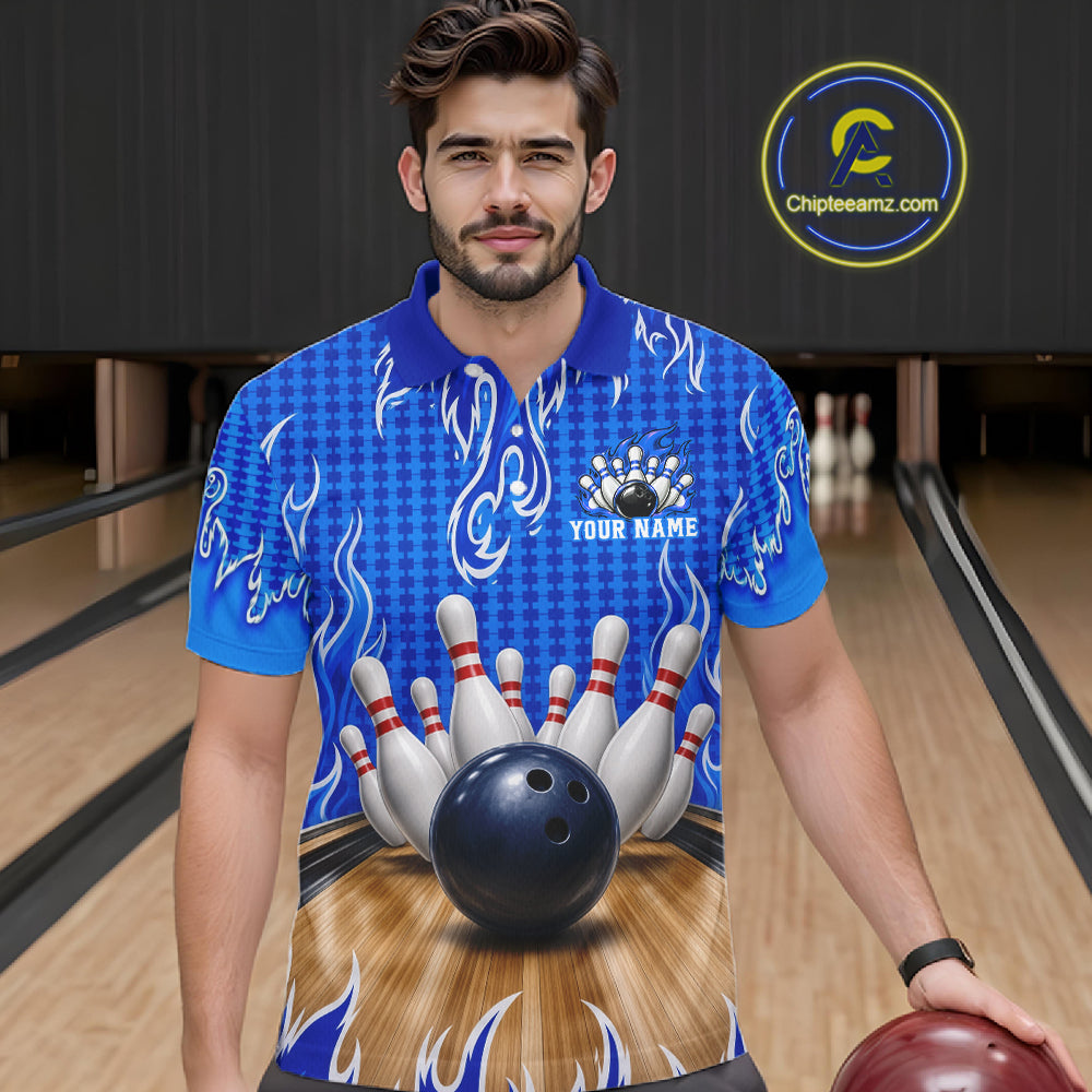 Personalized Blue Flame Bowling Shirts For Men, Custom Bowling Team Shirt NBT1142