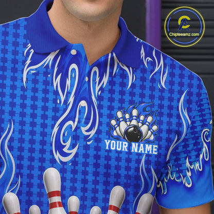Personalized Blue Flame Bowling Shirts For Men, Custom Bowling Team Shirt NBT1142