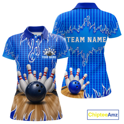 Personalized Blue Flame Bowling Shirts For Women, Custom Bowling Team Shirt NBT1142