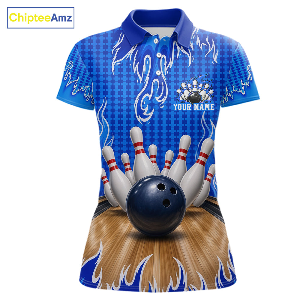 Personalized Blue Flame Bowling Shirts For Women, Custom Bowling Team Shirt NBT1142
