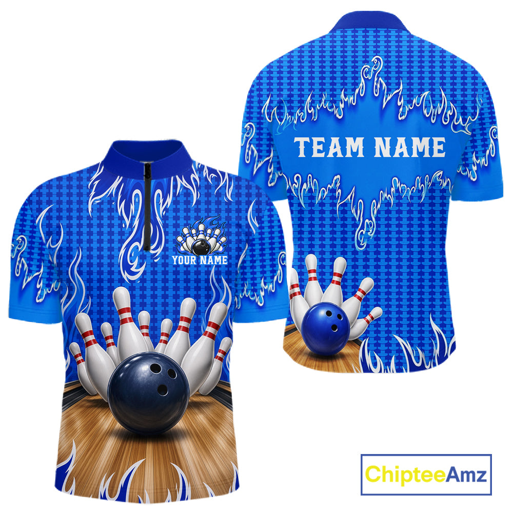 Personalized Blue Flame Bowling Shirts For Men, Custom Bowling Team Shirt NBT1142