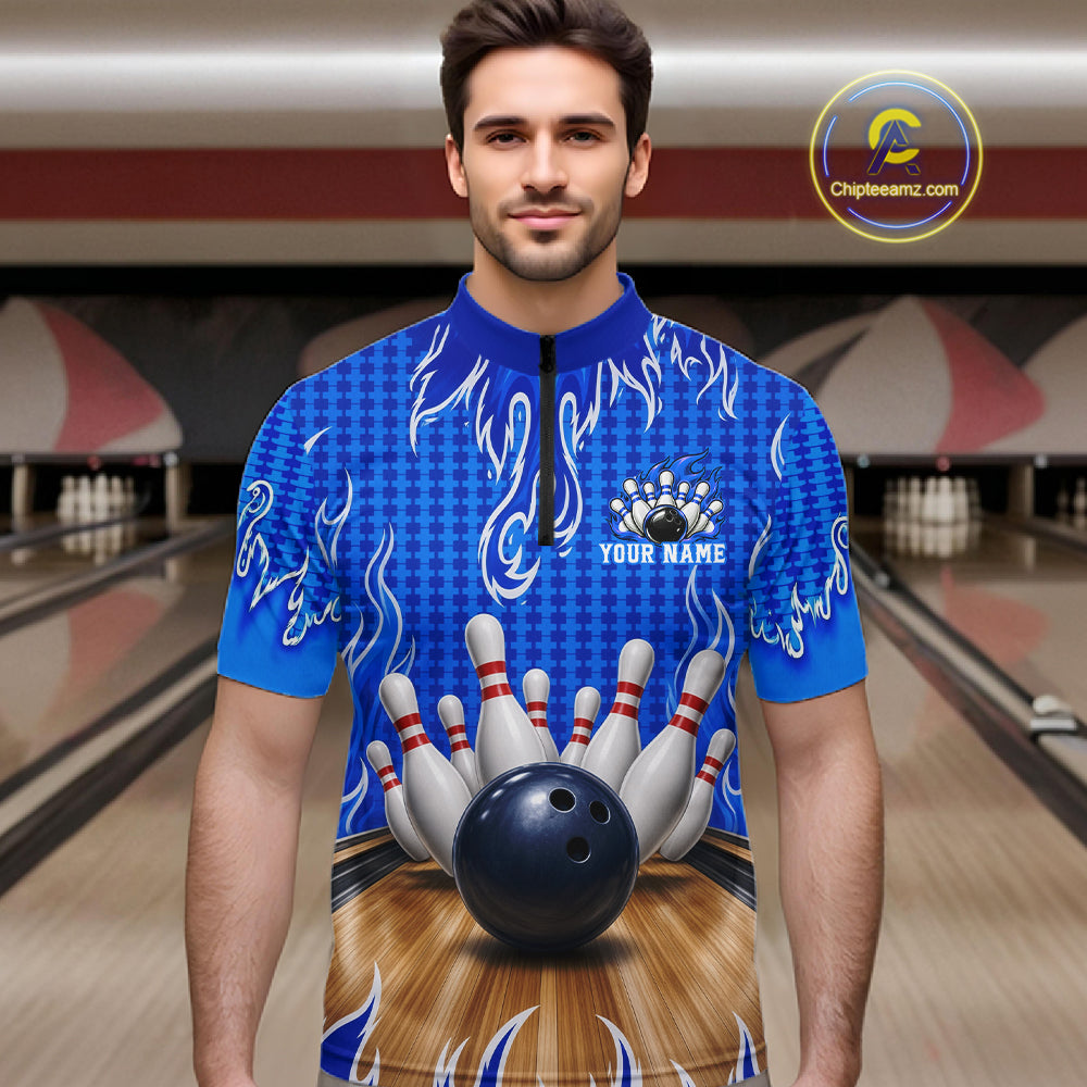 Personalized Blue Flame Bowling Shirts For Men, Custom Bowling Team Shirt NBT1142