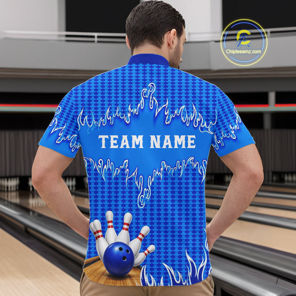 Personalized Blue Flame Bowling Shirts For Men, Custom Bowling Team Shirt NBT1142