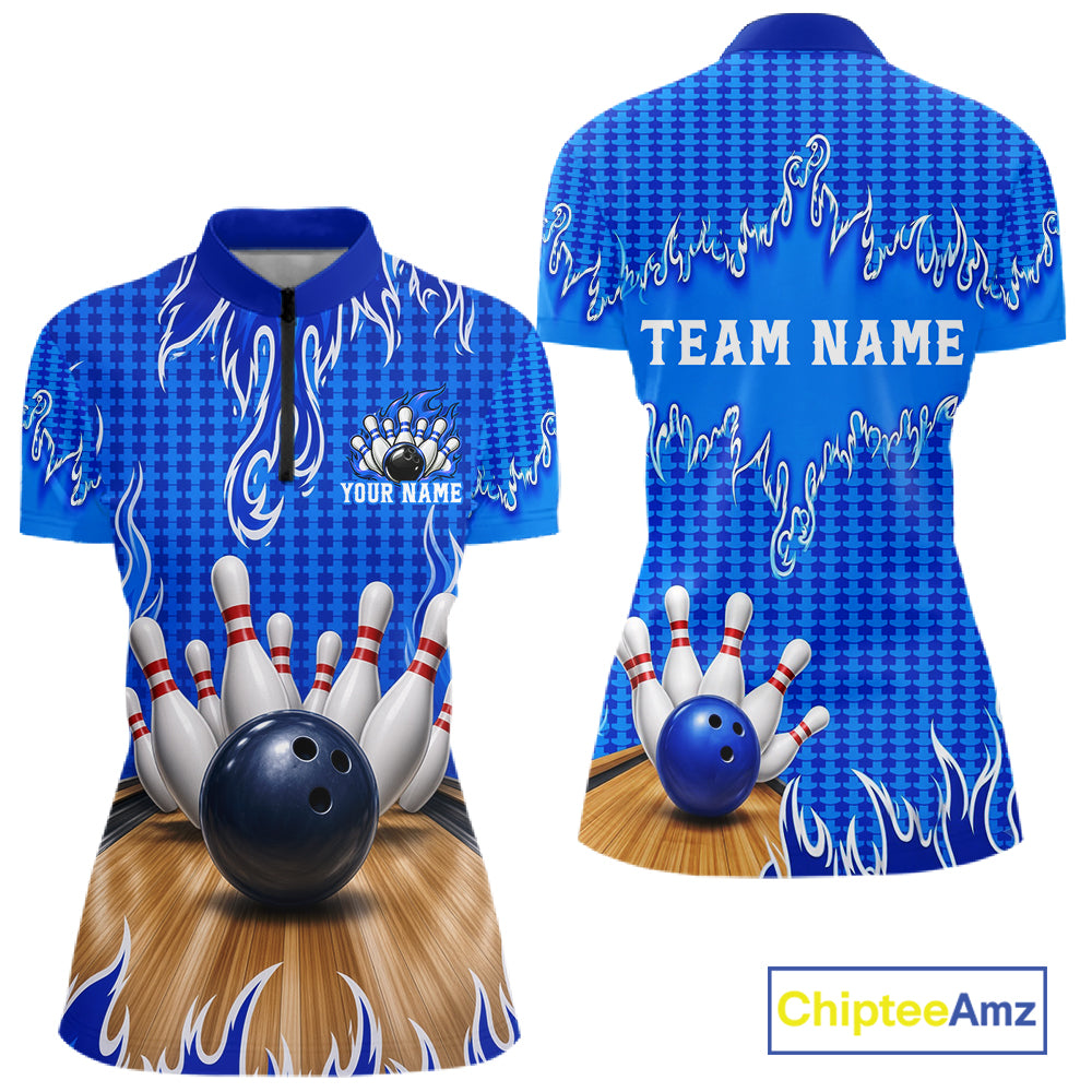 Personalized Blue Flame Bowling Shirts For Women, Custom Bowling Team Shirt NBT1142
