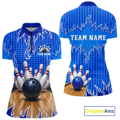 Personalized Blue Flame Bowling Shirts For Women, Custom Bowling Team Shirt NBT1142
