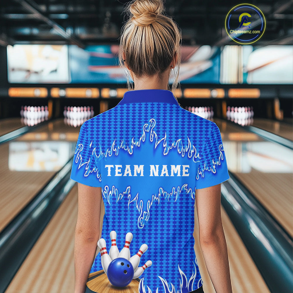 Personalized Blue Flame Bowling Shirts For Women, Custom Bowling Team Shirt NBT1142