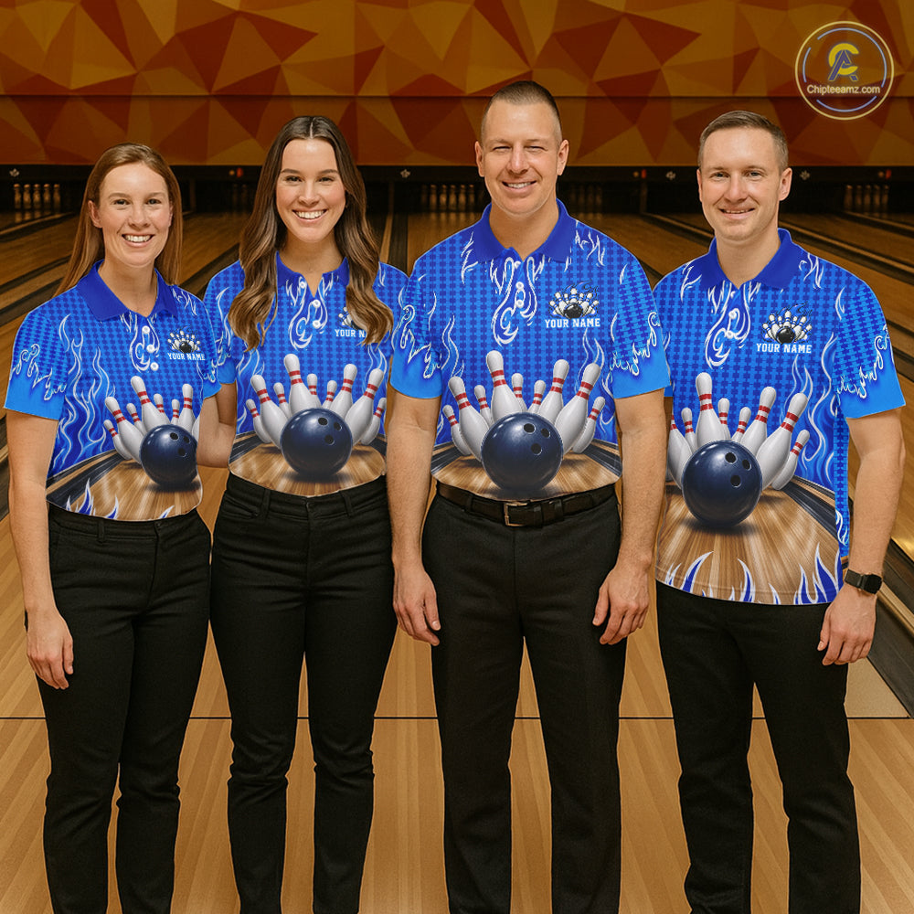 Personalized Blue Flame Bowling Shirts For Men, Custom Bowling Team Shirt NBT1142