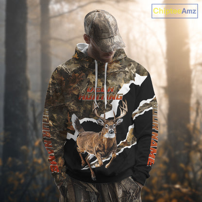 Whitetail Deer Camo Customize Name 3D Printed Long Sleeve Hoodie Hunting Shirts for Men NBT303
