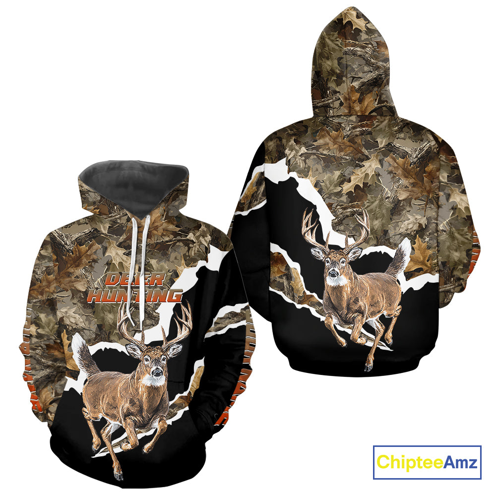 Whitetail Deer Camo Customize Name 3D Printed Long Sleeve Hoodie Hunting Shirts for Men