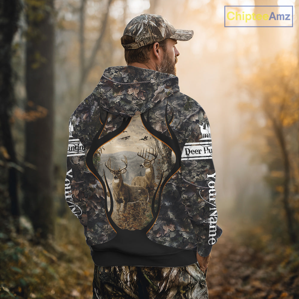 Whitetail Deer Custom Name 3D Printed Long Sleeve Hoodies, Deer Hunting Shirt, Hunting Season NBT304