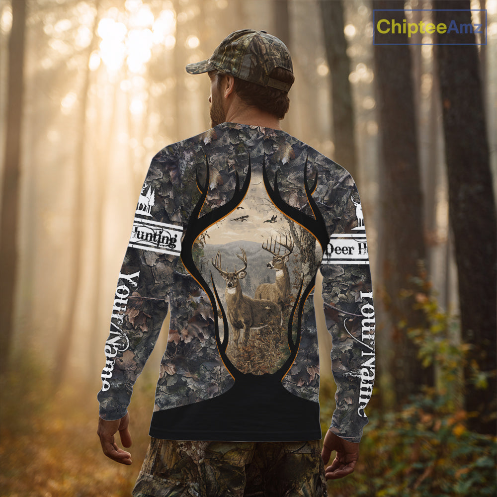 Whitetail Deer Custom Name 3D Printed Long Sleeve Hoodies, Deer Hunting Shirt, Hunting Season NBT304