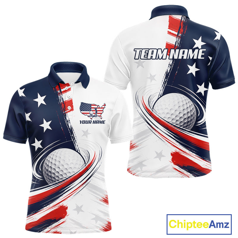 Front view of personalized white golf polo men shirt with American flag 4th July with personalized name
