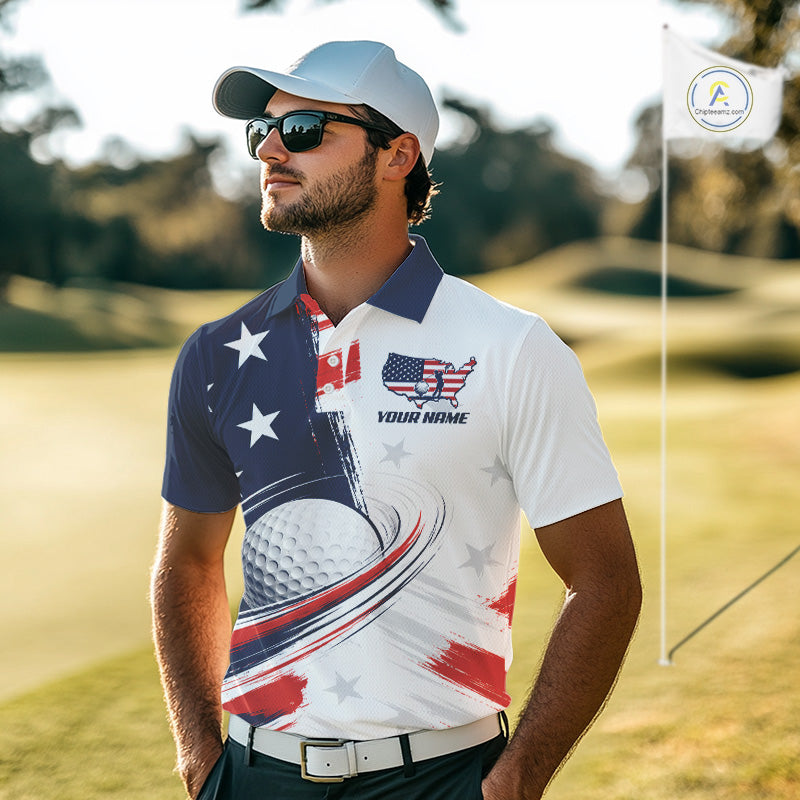 Man wearing a personalized white golf polo men shirt custom name with American flag 4th July polo shirt on a golf course