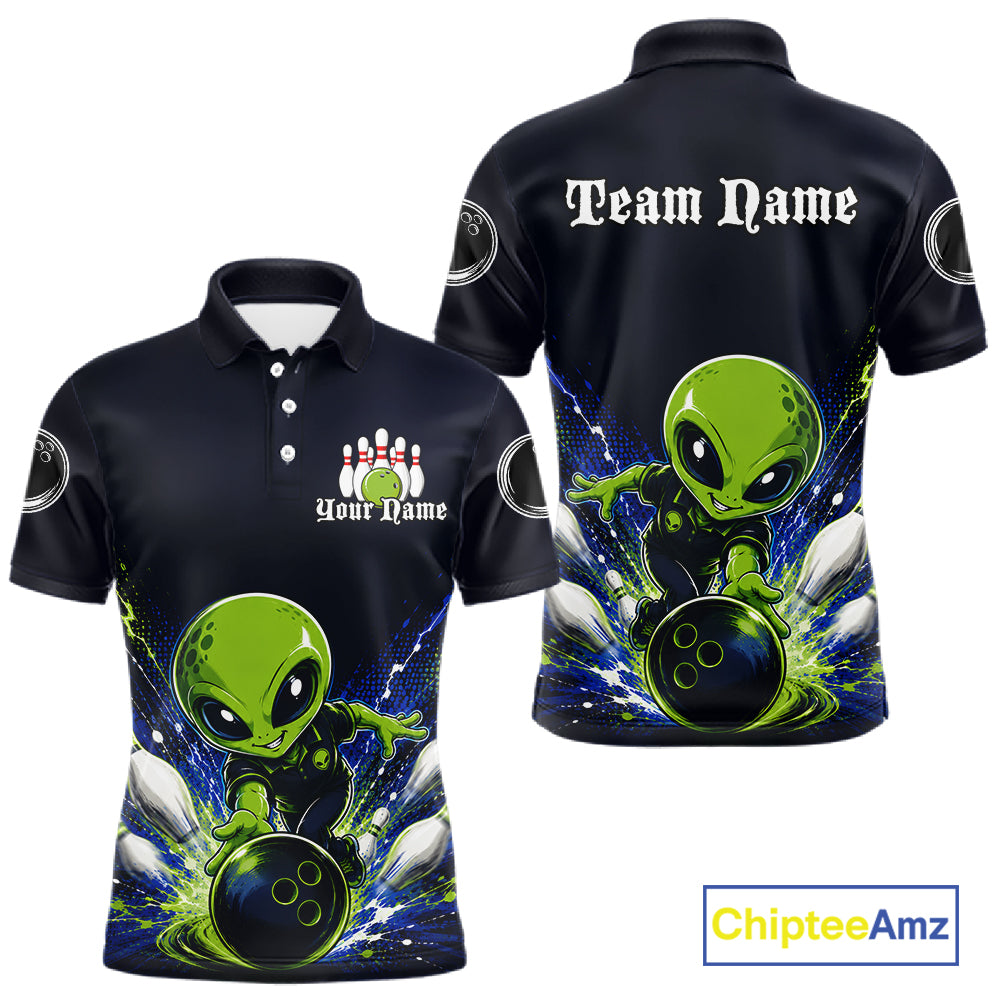 Funny Blue Alien Bowling Polo & 1/4 Zip Shirt For Men Custom Bowling Team Outfit, Gift For Bowler NBT970
