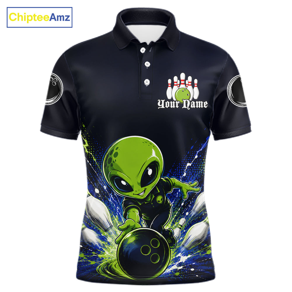 Funny Blue Alien Bowling Polo & 1/4 Zip Shirt For Men Custom Bowling Team Outfit, Gift For Bowler NBT970
