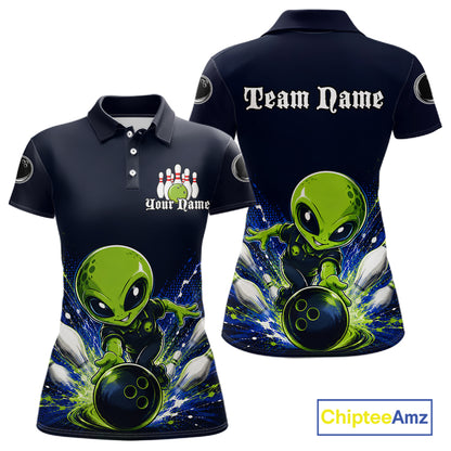 Funny Blue Alien Bowling Polo & 1/4 Zip Shirt For Women Custom Bowling Team Outfit, Gift For Bowler NBT970