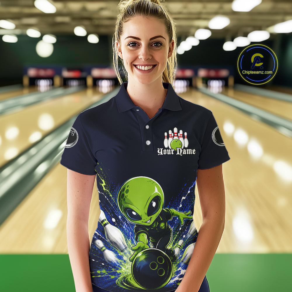 Funny Blue Alien Bowling Polo & 1/4 Zip Shirt For Women Custom Bowling Team Outfit, Gift For Bowler NBT970