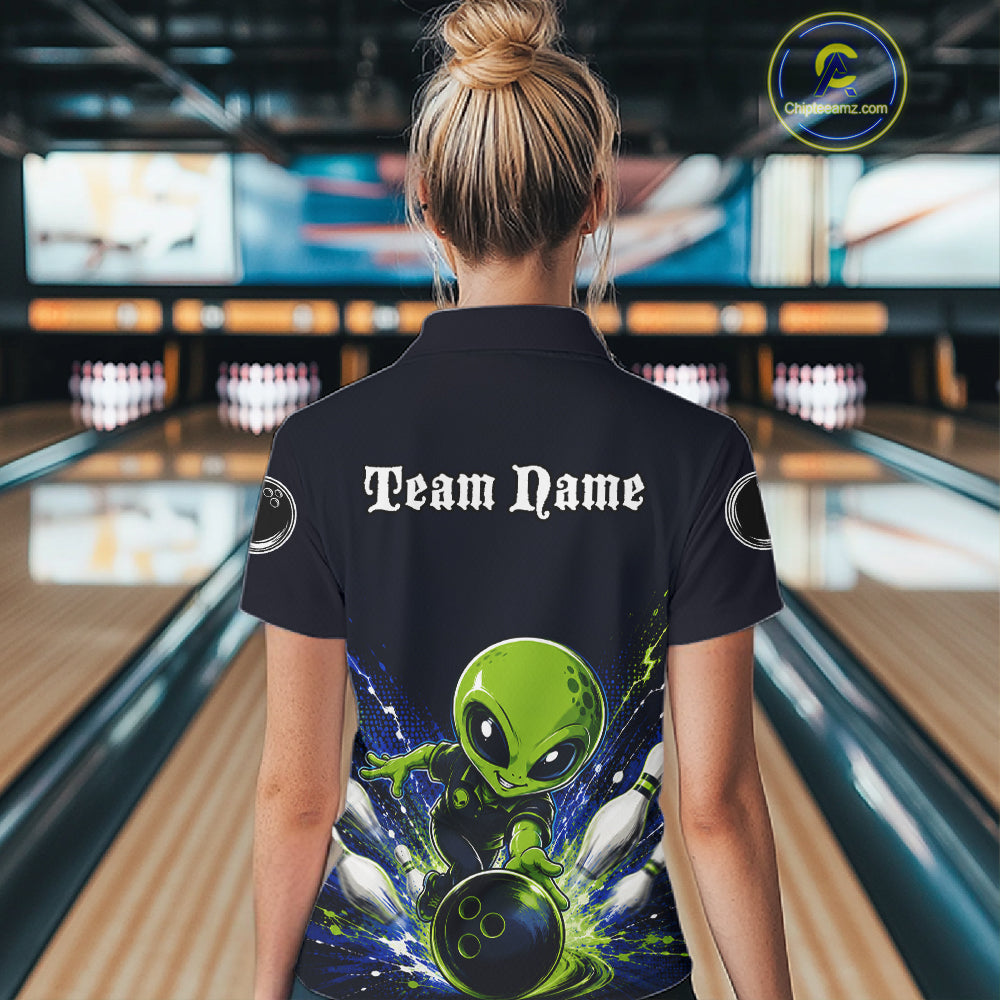Funny Blue Alien Bowling Polo & 1/4 Zip Shirt For Women Custom Bowling Team Outfit, Gift For Bowler NBT970
