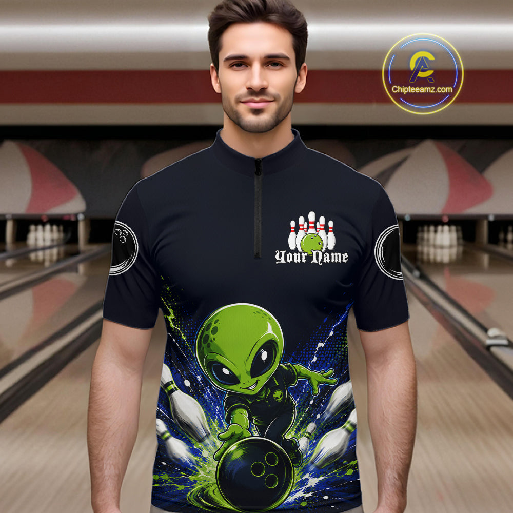 Funny Blue Alien Bowling Polo & 1/4 Zip Shirt For Men Custom Bowling Team Outfit, Gift For Bowler NBT970