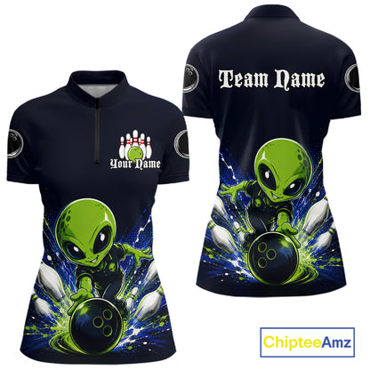 Funny Blue Alien Bowling Polo & 1/4 Zip Shirt For Women Custom Bowling Team Outfit, Gift For Bowler NBT970