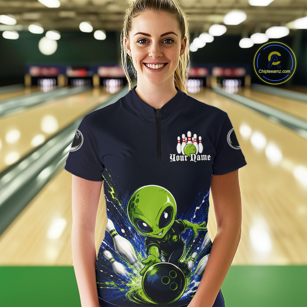 Funny Blue Alien Bowling Polo & 1/4 Zip Shirt For Women Custom Bowling Team Outfit, Gift For Bowler NBT970