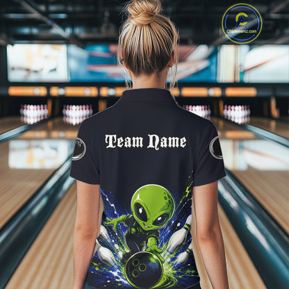 Funny Blue Alien Bowling Polo & 1/4 Zip Shirt For Women Custom Bowling Team Outfit, Gift For Bowler NBT970