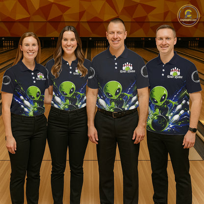 Funny Blue Alien Bowling Polo & 1/4 Zip Shirt For Men Custom Bowling Team Outfit, Gift For Bowler NBT970