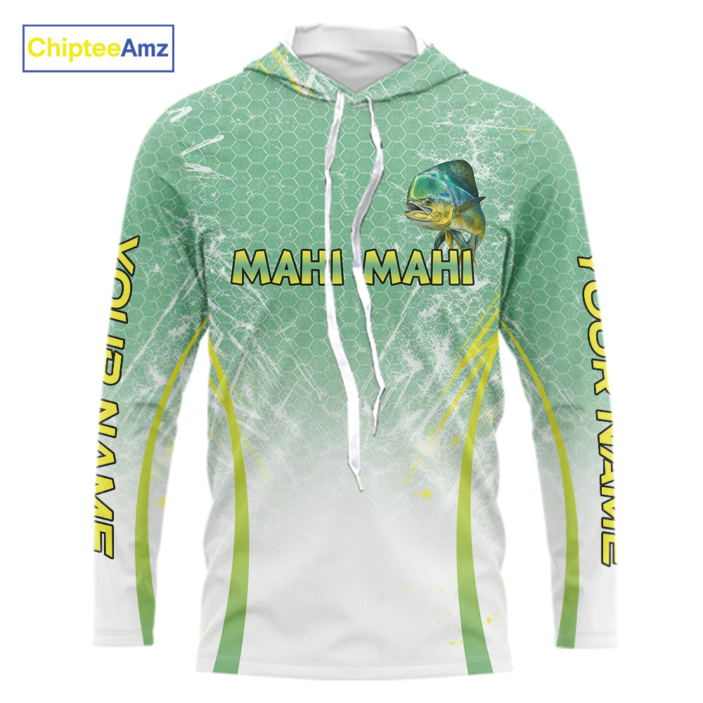 Mahi Mahi Fishing Shirt Long Sleeve Hooded Green Camo, Saltwater Fishing Shirts For Men NBT405